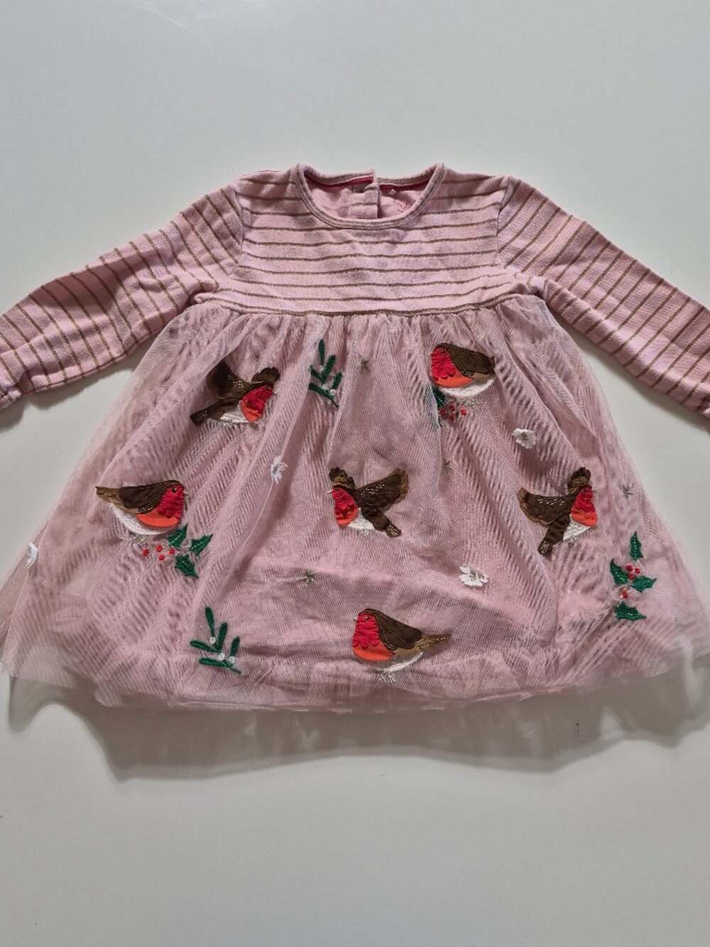 Baby Boden Robin Bird Christmas Tulle Dress Girls 18-24M Pink Gold Applique